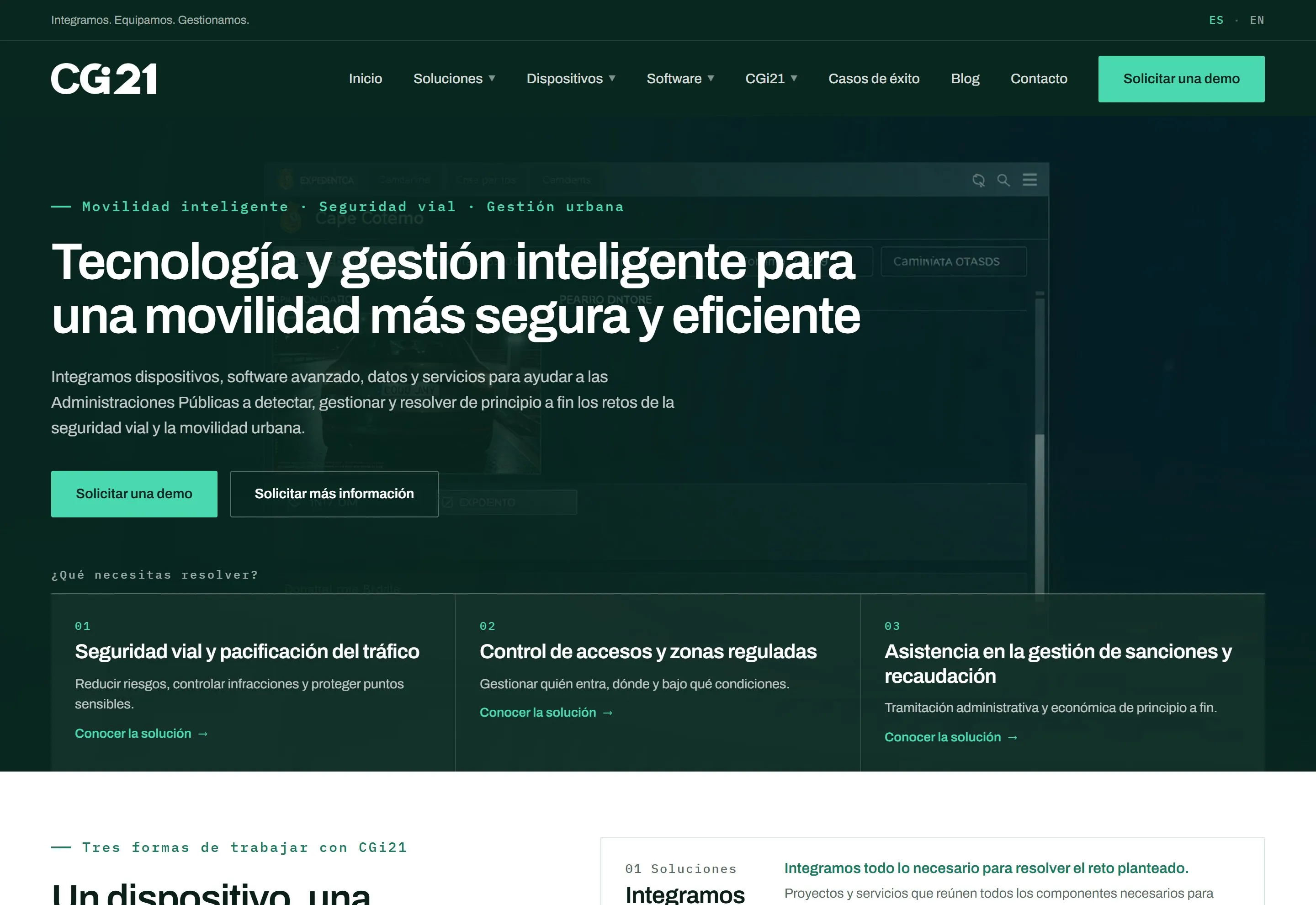 Portada de la web de CGi21: «Tecnología y gestión inteligente para una movilidad más segura y eficiente».